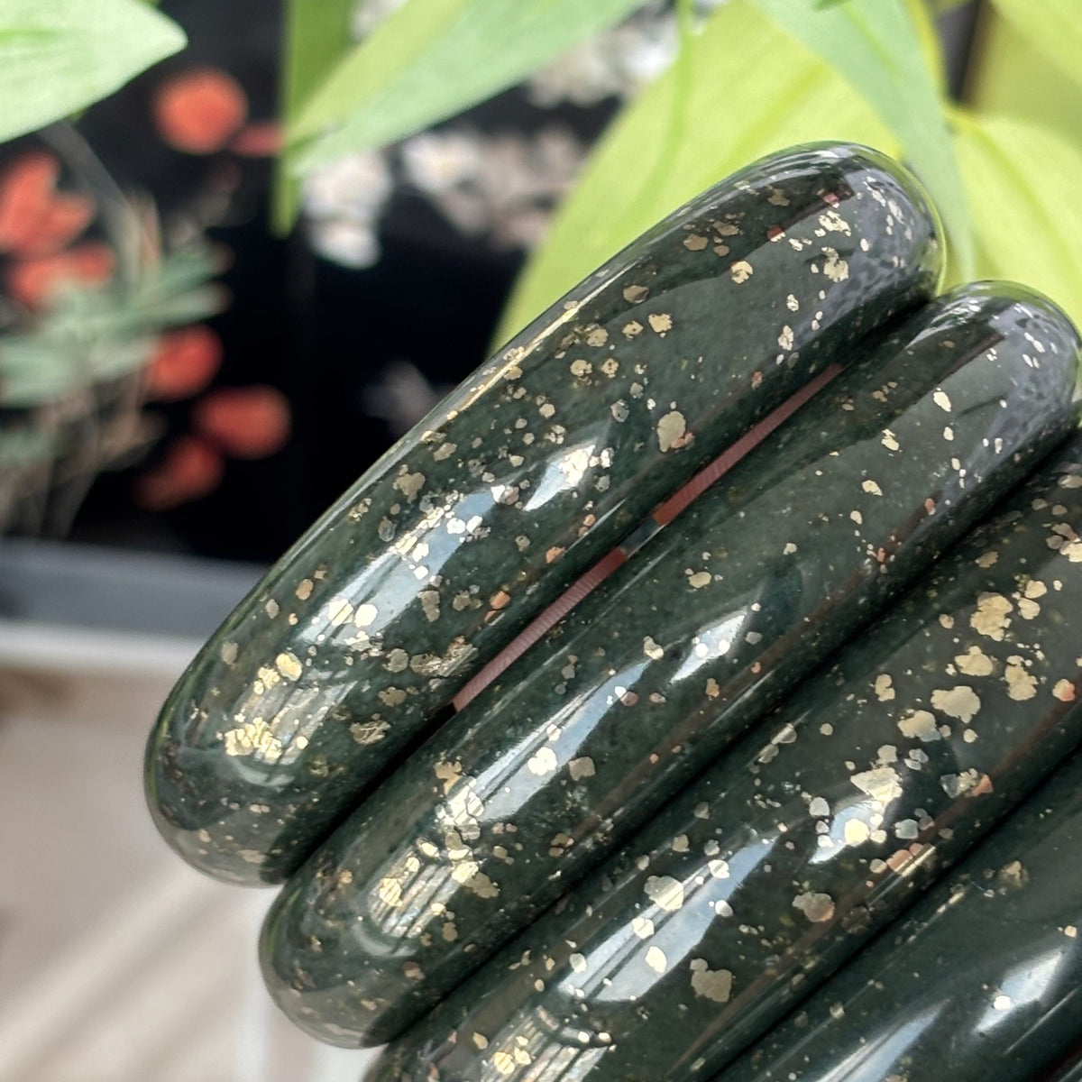 Golden Sparkle Black Nephrite Jade Bangle, Natural Greenish-Black Jade with Chalcopyrite Inclusions,$25
