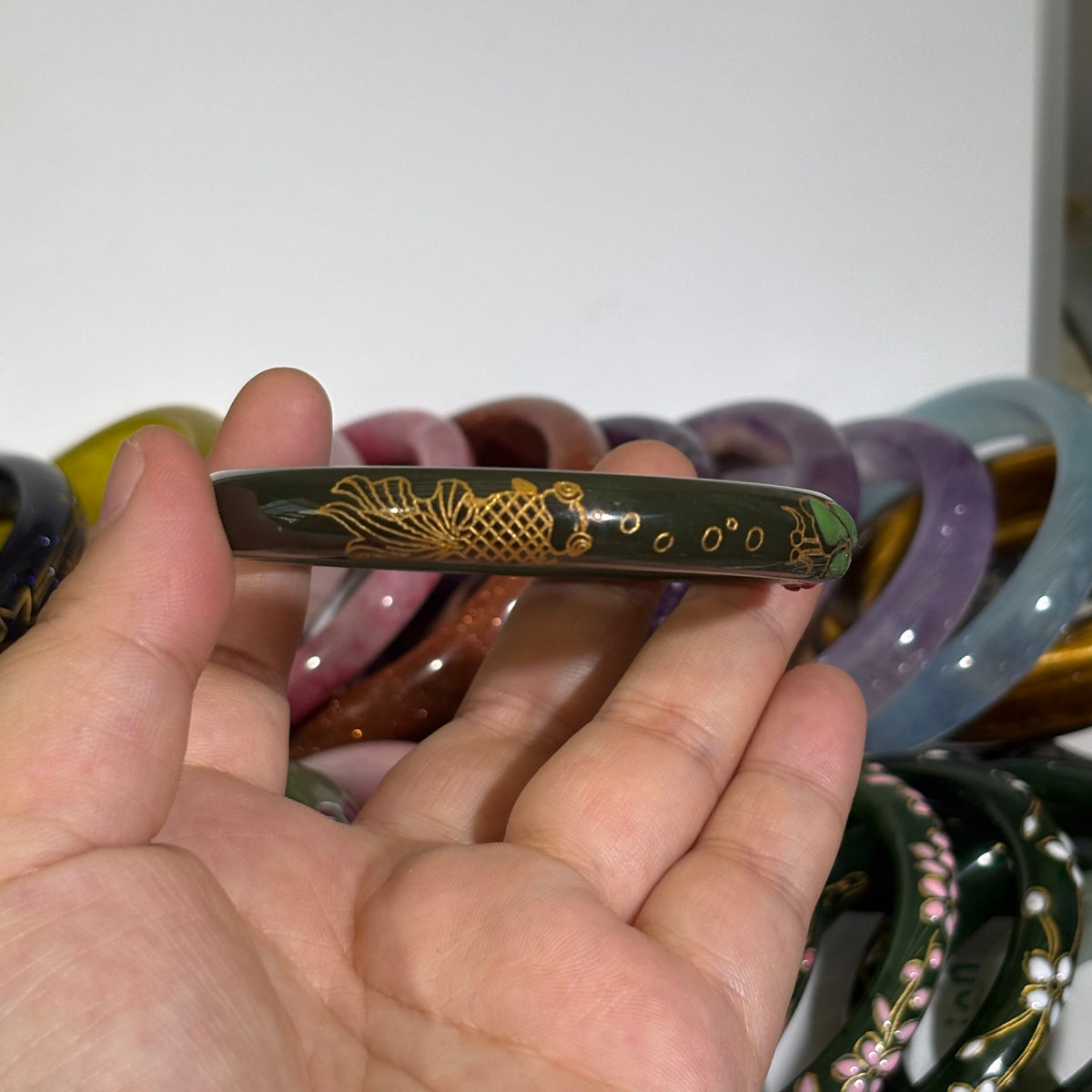 Natural Hetian Green Jade Bangle, Hand-Carved Lotus Koi & Auspicious Cloud, Traditional Chinese Enamel with Gold Outline, Sizes 53-66mm