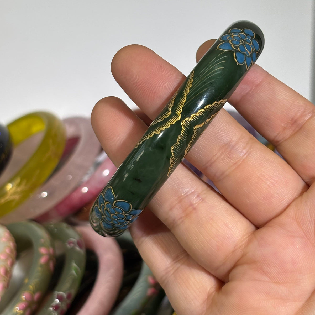 Hetian Green Nephrite Jade Bangle, Hand-Carved Peach Blossom Relief, Elegant Chinese Style Jade Bracelet