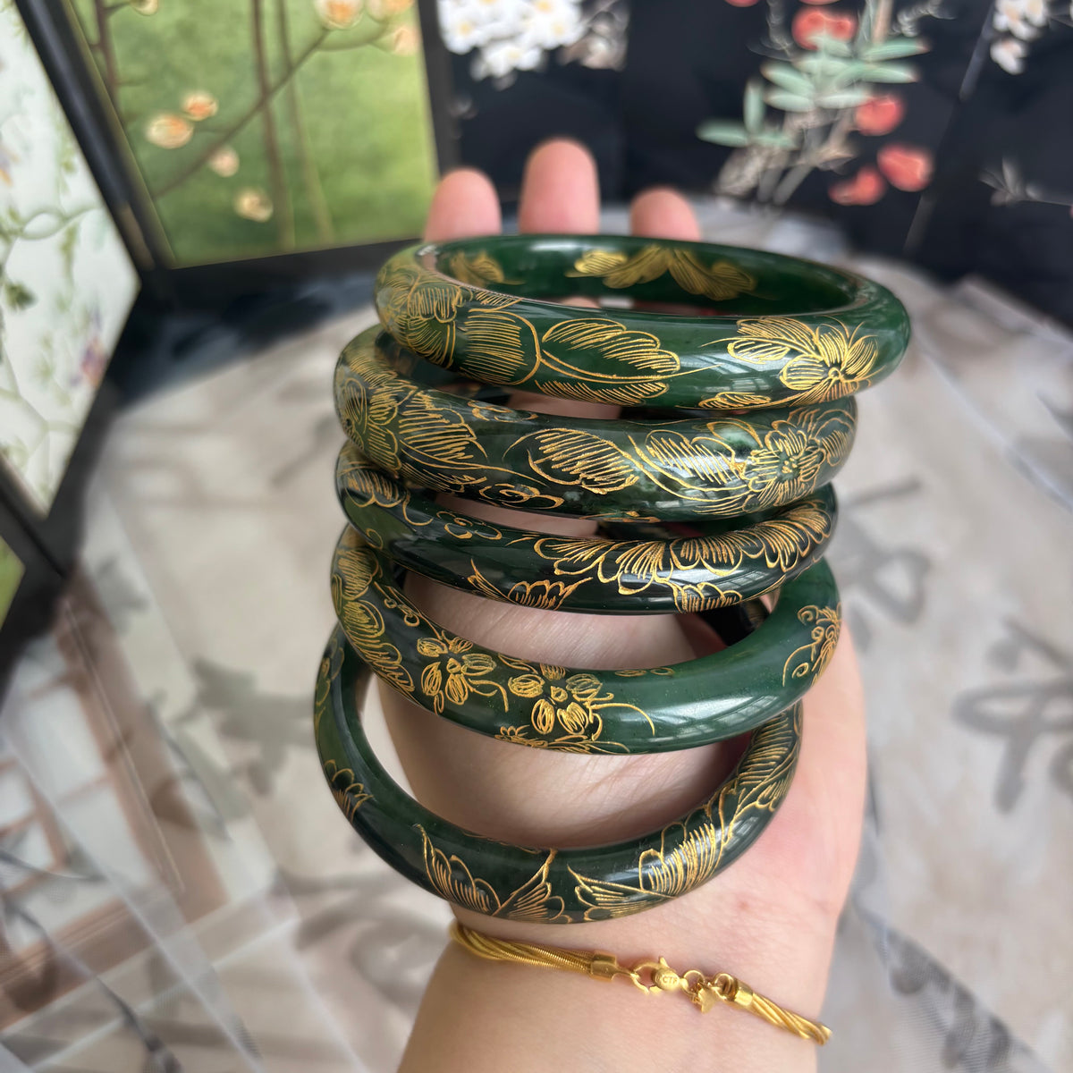 Russian Green Jade Bangle, Carved Nephrite with Gold-Painted Pattern, Natural Black Speckles, 10-15mm, Only $20