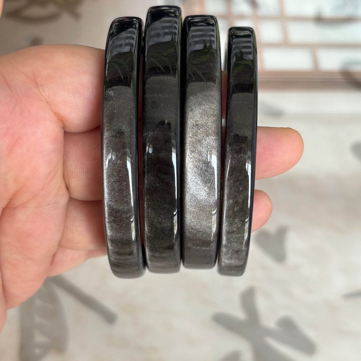 Silver Obsidian Square Bangle – Modern Geometric Volcanic Glass Bracelet with Cat's Eye Shimmer, Only $25