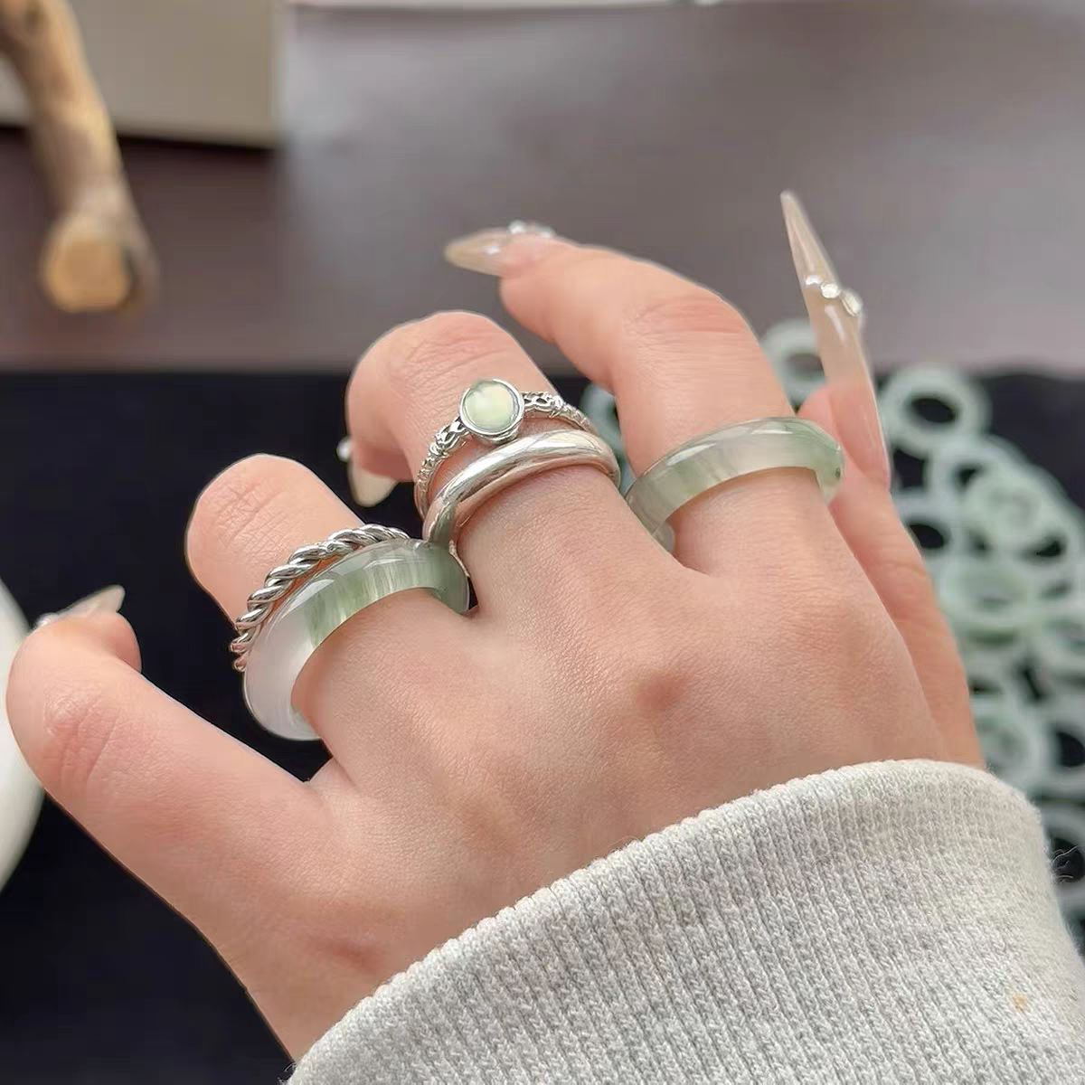 Natural Tianshan Jade Ring, Icy Green Quartzite Band Ring, Minimalist Stackable Gemstone Ring Gift for Women