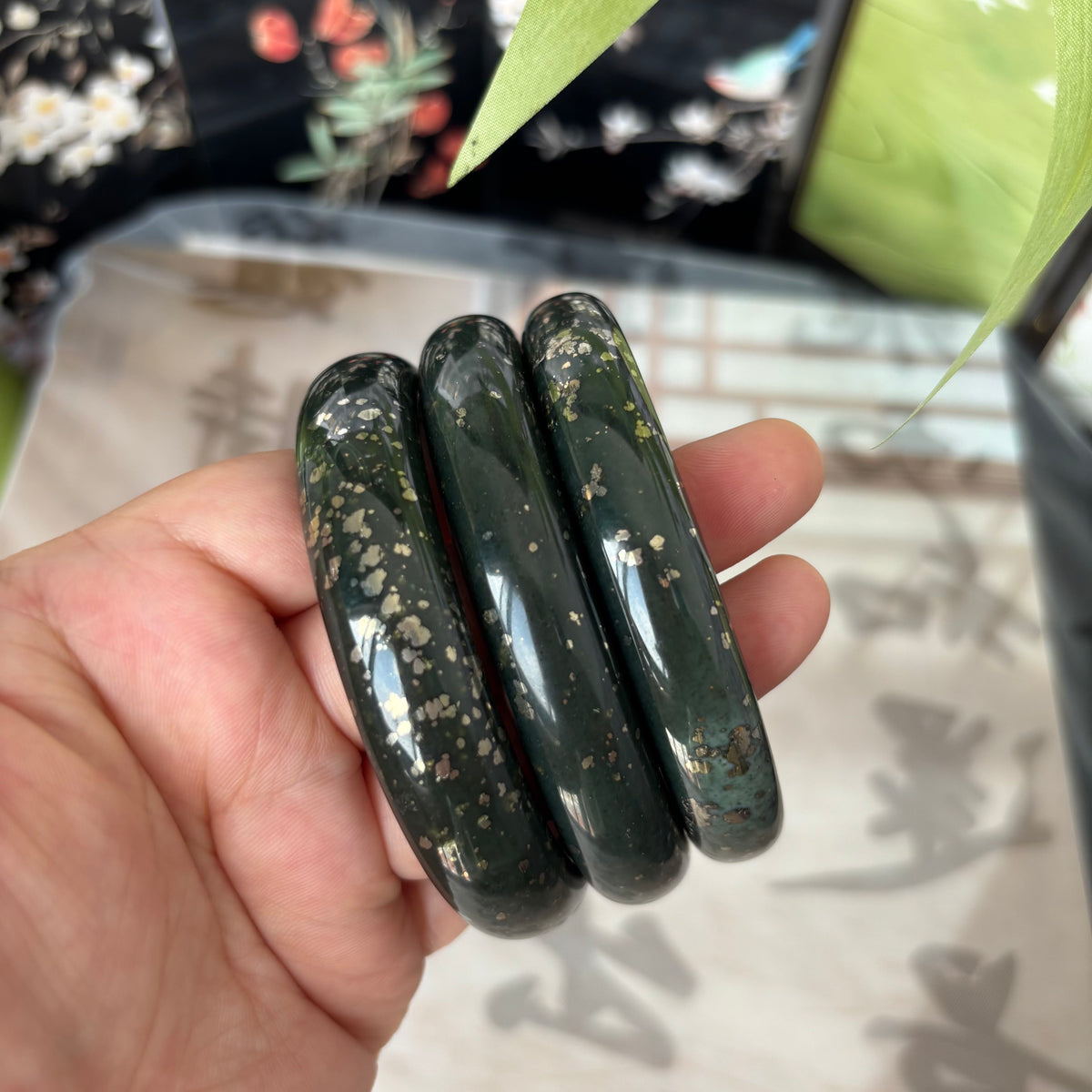 Golden Sparkle Black Nephrite Jade Bangle, Natural Greenish-Black Jade with Chalcopyrite Inclusions，$25