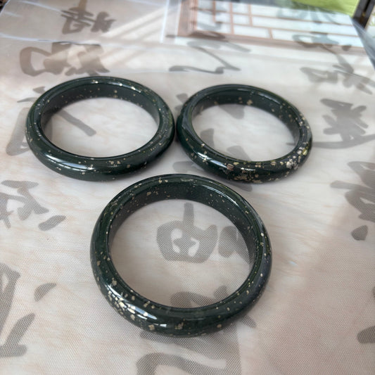Golden Sparkle Black Nephrite Jade Bangle, Natural Greenish-Black Jade with Chalcopyrite Inclusions，$25