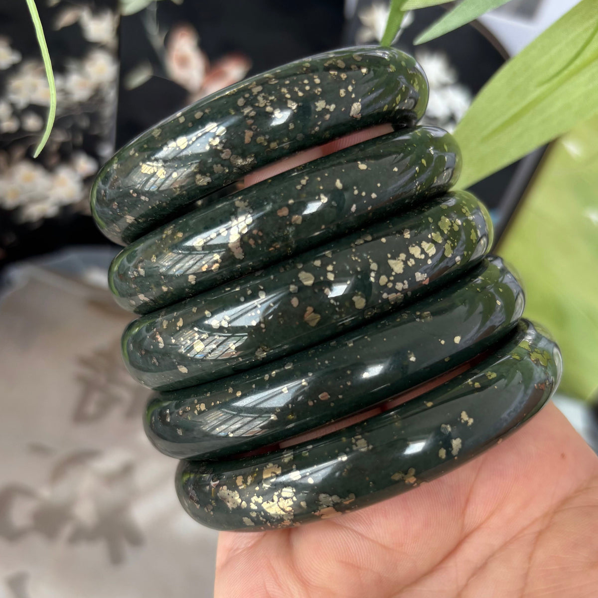 Golden Sparkle Black Nephrite Jade Bangle, Natural Greenish-Black Jade with Chalcopyrite Inclusions，$25