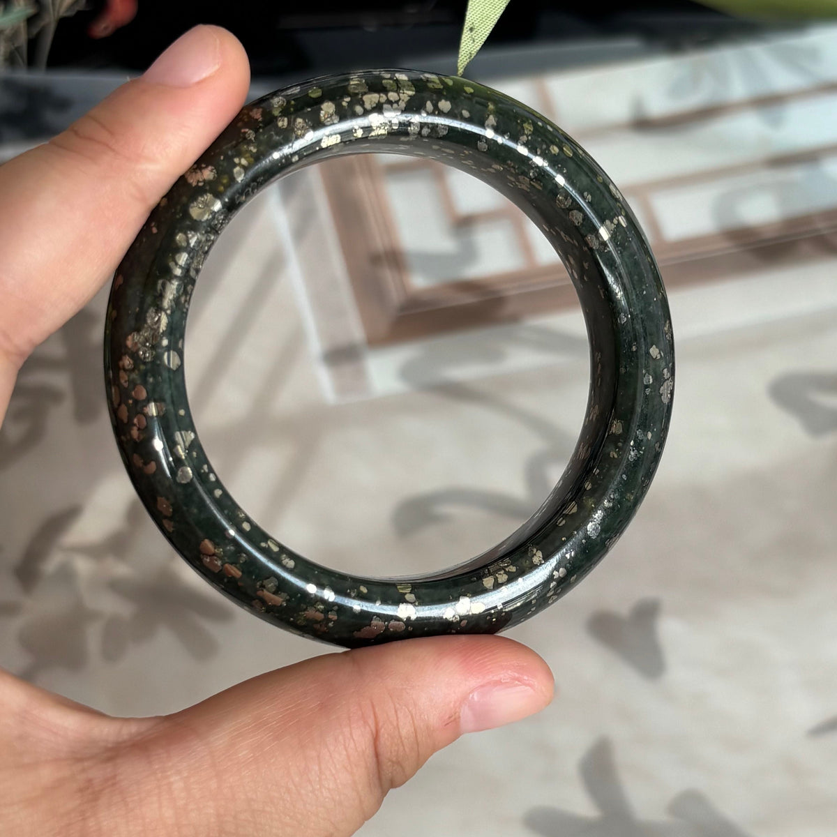 Golden Sparkle Black Nephrite Jade Bangle, Natural Greenish-Black Jade with Chalcopyrite Inclusions，$25