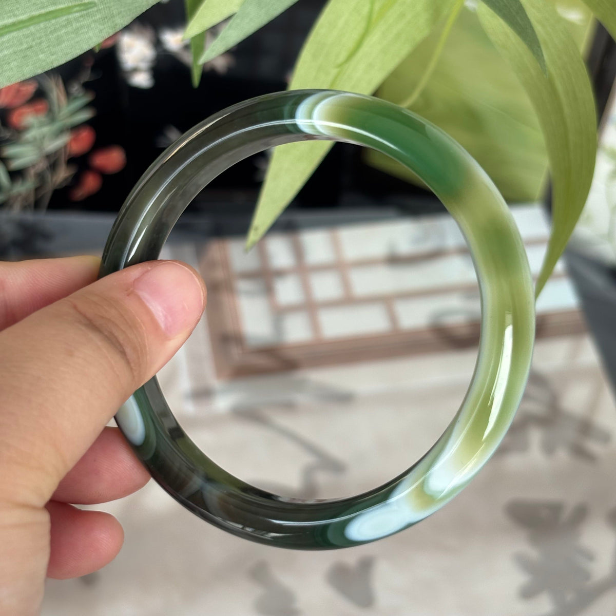 Natural Agate Bangle with Cream & Violet Stripes, Unique Banded Gemstone Bracelet, Only $10