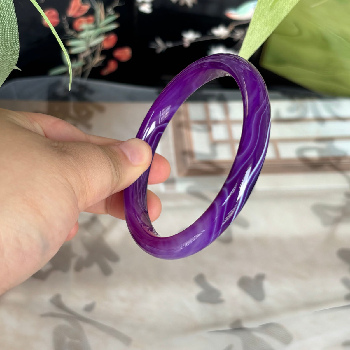 Natural Agate Bangle with Cream & Violet Stripes, Unique Banded Gemstone Bracelet, Only $10