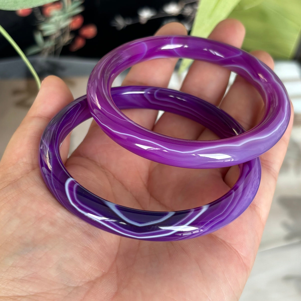 Natural Agate Bangle with Cream & Violet Stripes, Unique Banded Gemstone Bracelet, Only $10