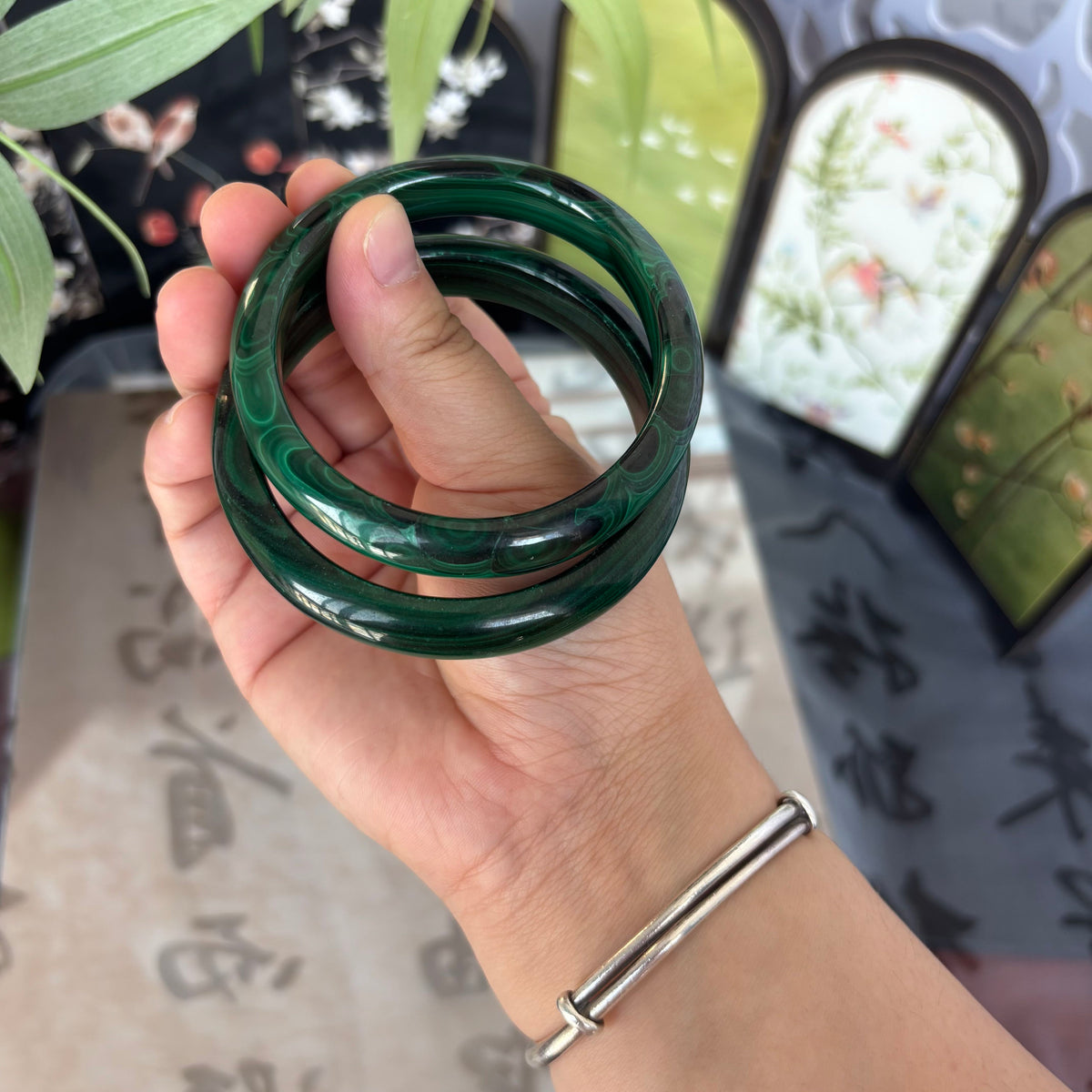 Natural Malachite Bangle – Mysterious Green Stripes, Elegant & Unique