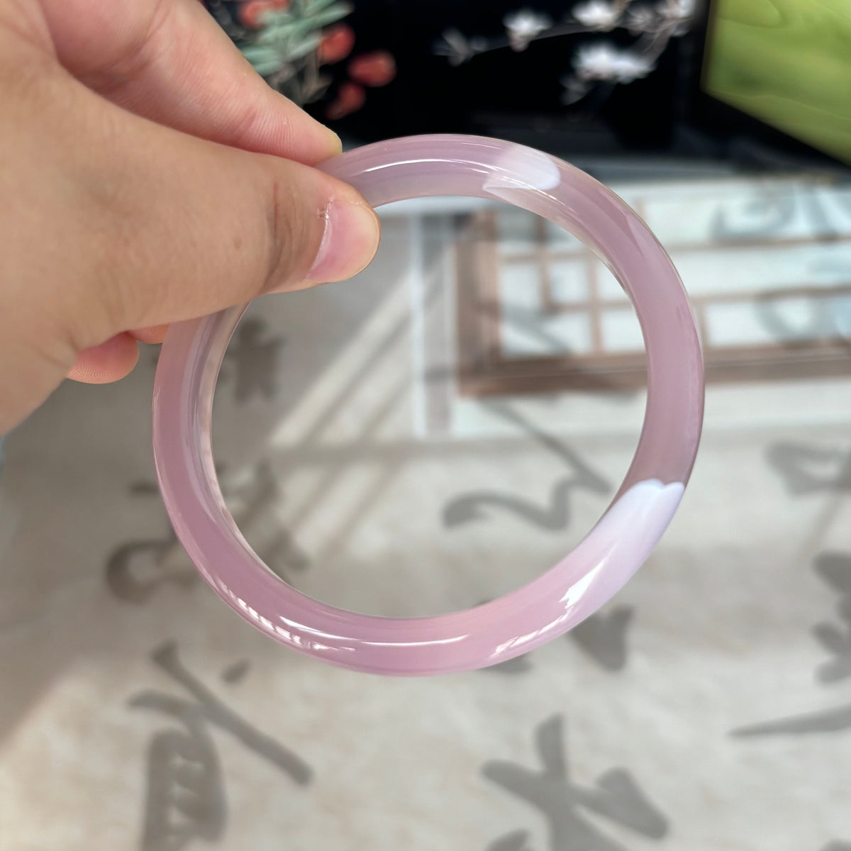 Natural Agate Bangle with Cream & Violet Stripes, Unique Banded Gemstone Bracelet, Only $10