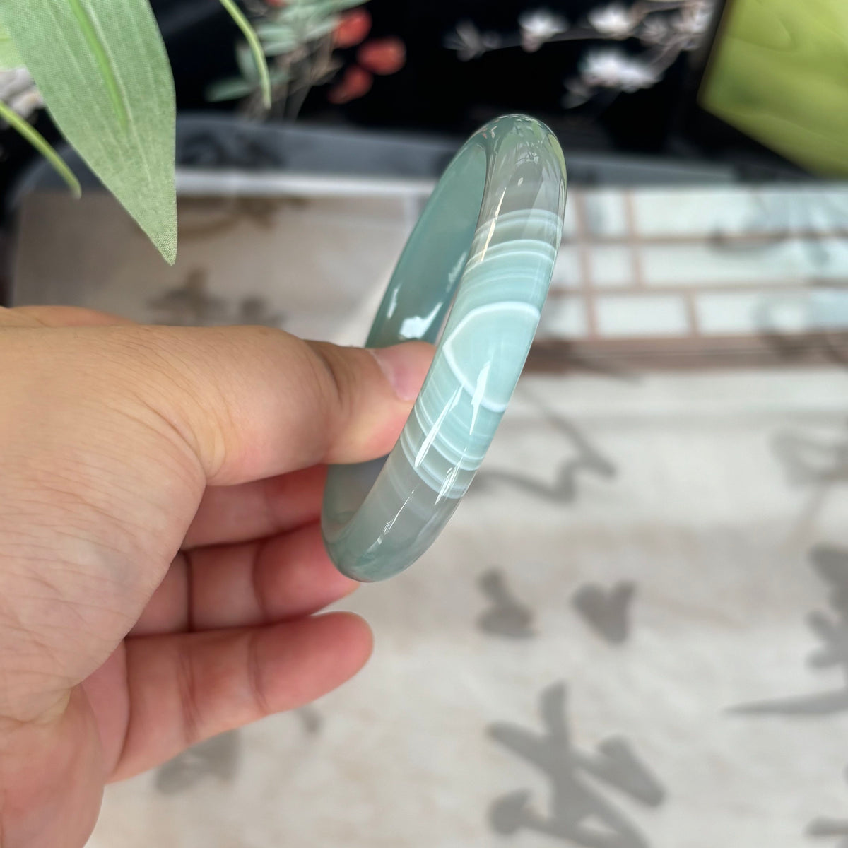 Natural Agate Bangle with Cream & Violet Stripes, Unique Banded Gemstone Bracelet, Only $10