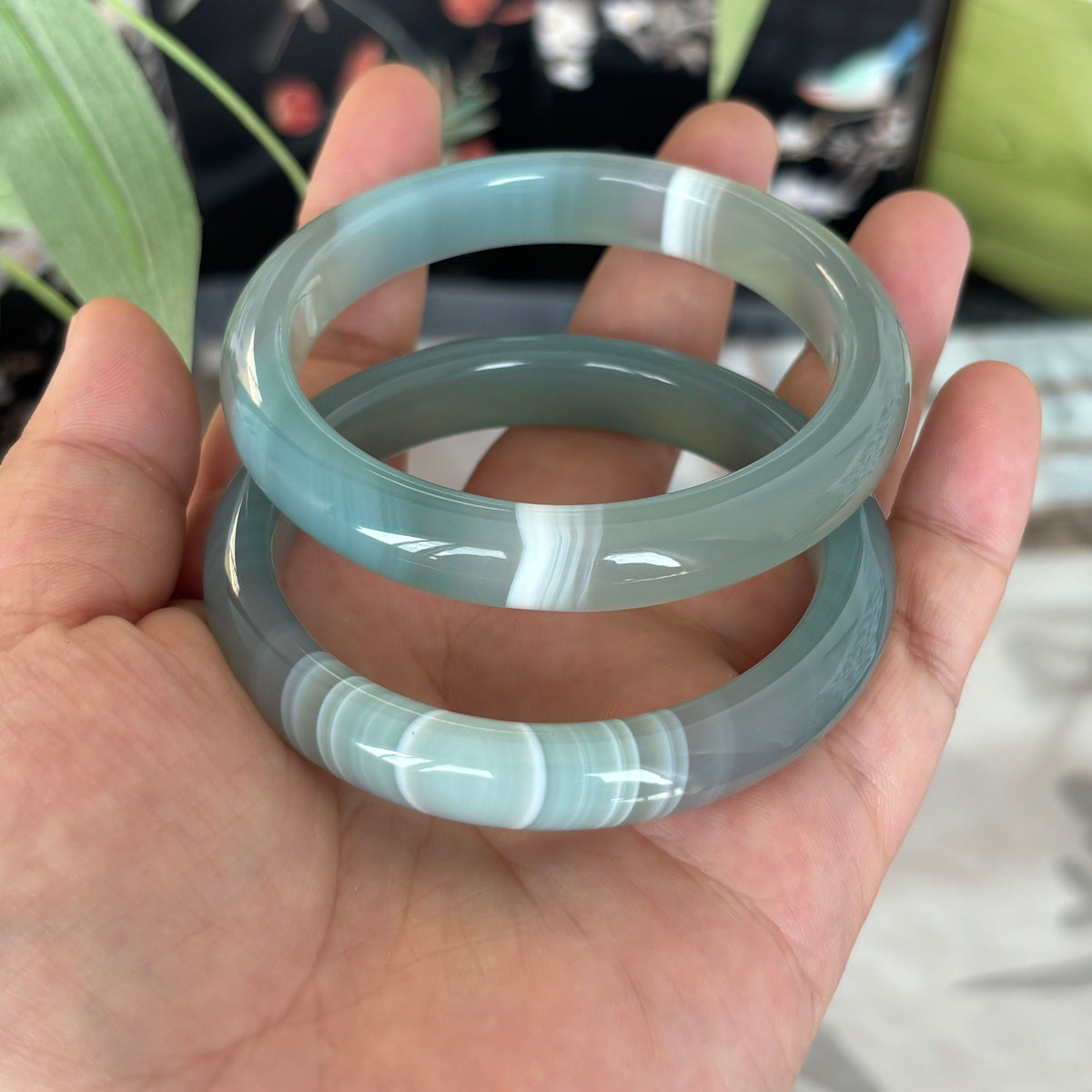 Natural Agate Bangle with Cream & Violet Stripes, Unique Banded Gemstone Bracelet, Only $10