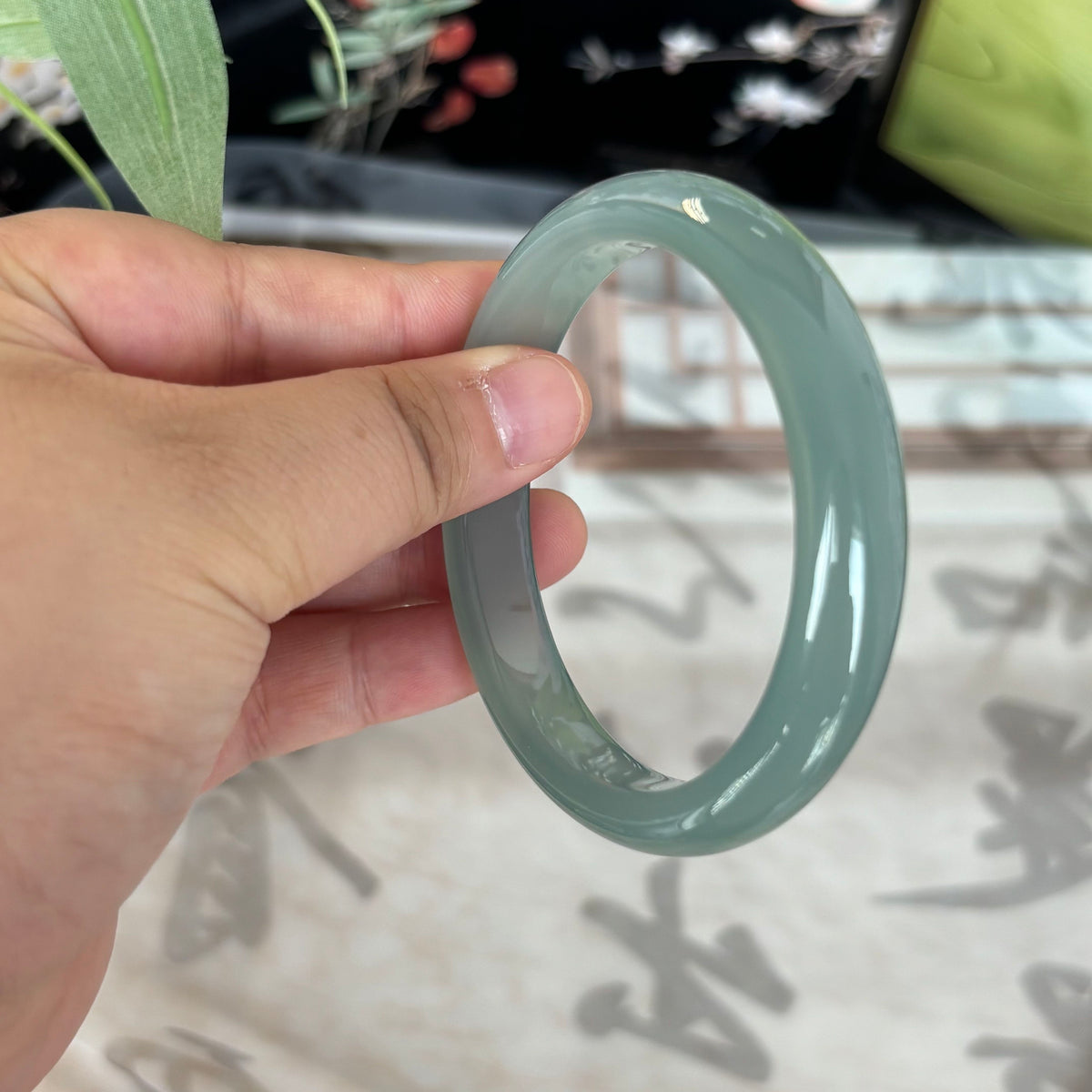 Natural Ice Blue-Green Agate Bangle – Cool, Translucent & Unique