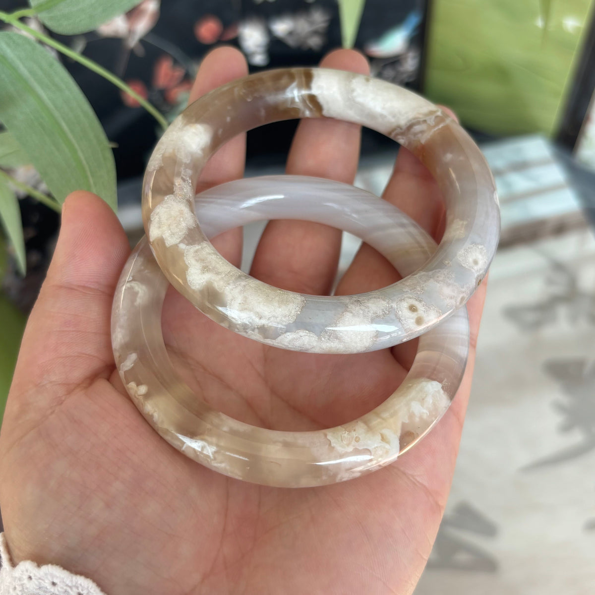 Cherry Blossom Agate Bangle – Pink Blooms Frozen in Translucent Stone, Just $30