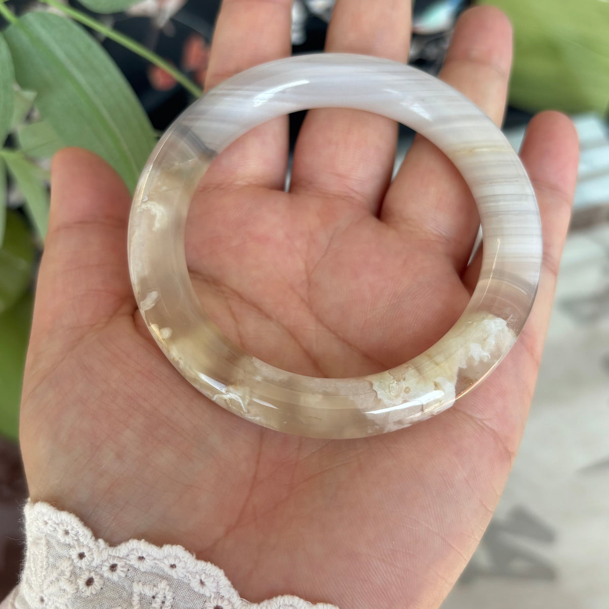 Cherry Blossom Agate Bangle – Pink Blooms Frozen in Translucent Stone, Just $30