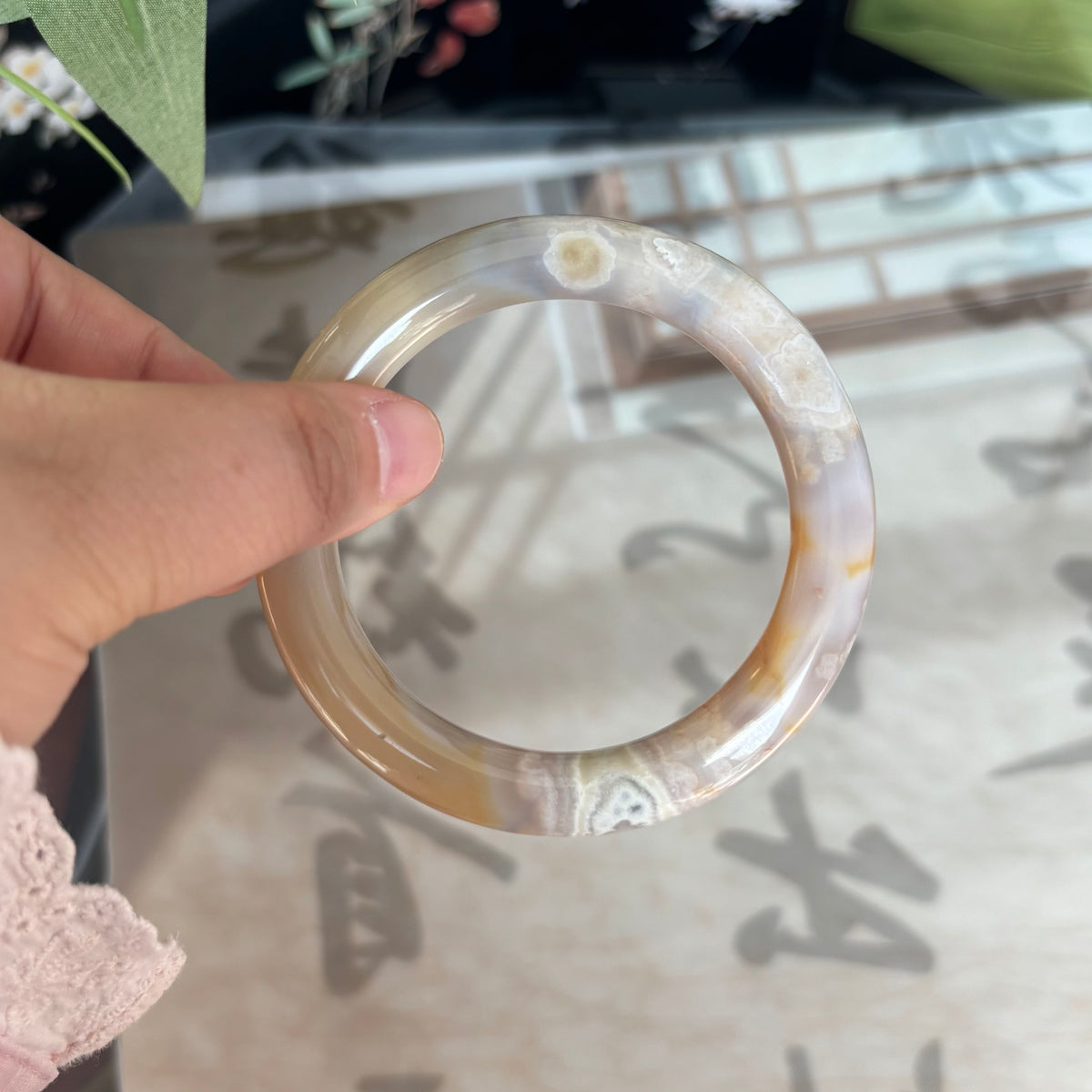 Cherry Blossom Agate Bangle – Pink Blooms Frozen in Translucent Stone, Just $30