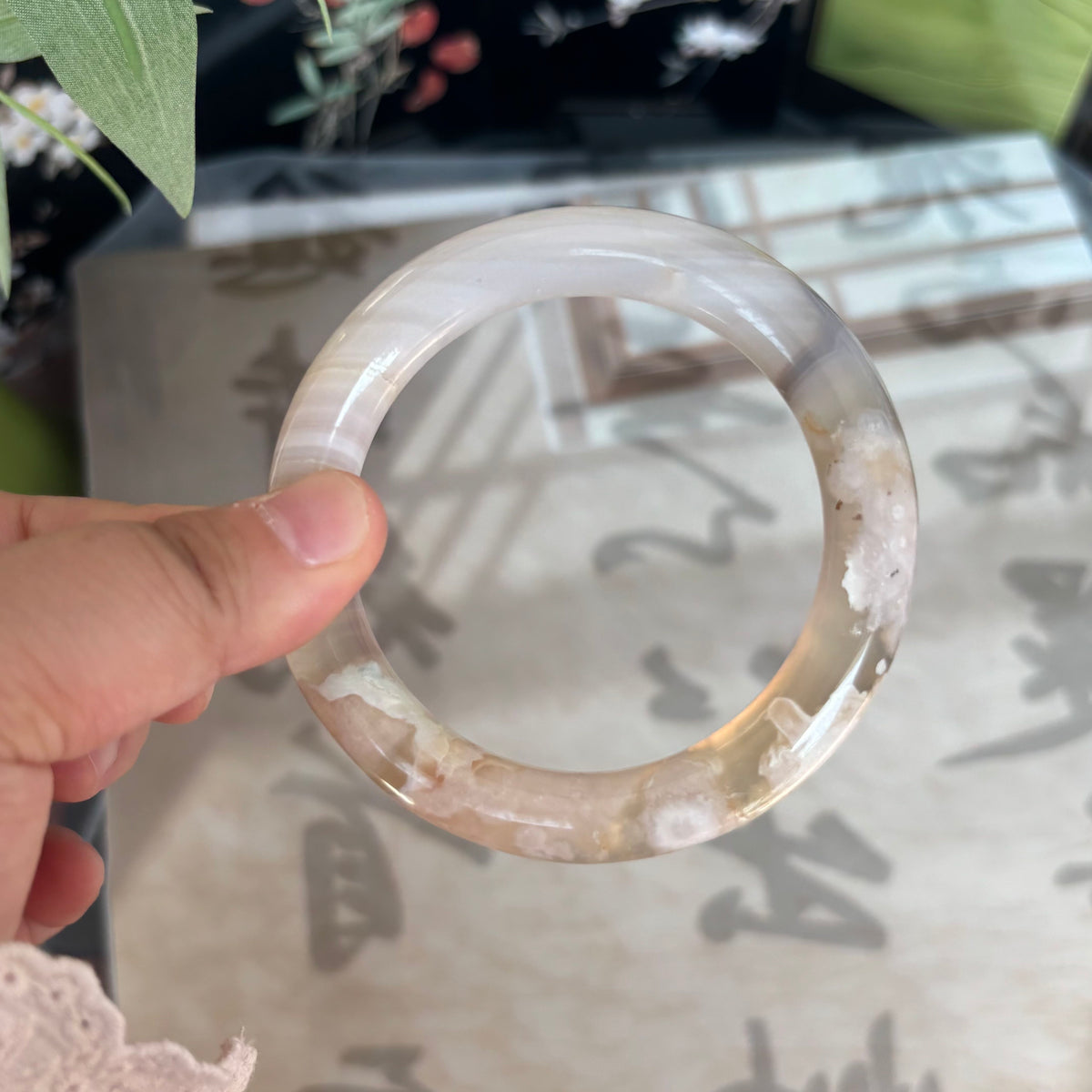 Cherry Blossom Agate Bangle – Pink Blooms Frozen in Translucent Stone, Just $30