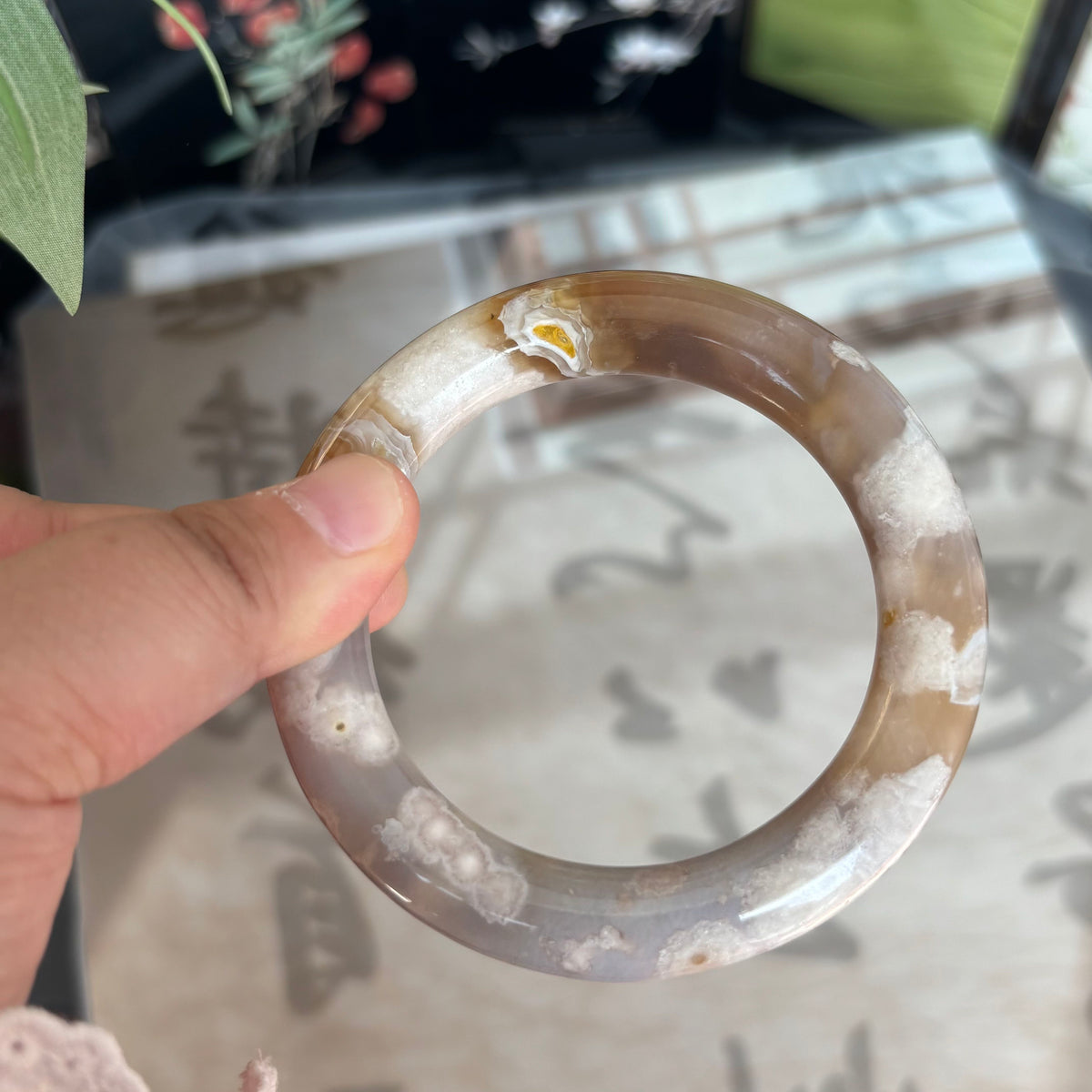 Cherry Blossom Agate Bangle – Pink Blooms Frozen in Translucent Stone, Just $30