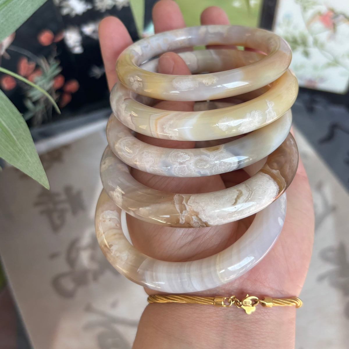 Cherry Blossom Agate Bangle – Pink Blooms Frozen in Translucent Stone, Just $30