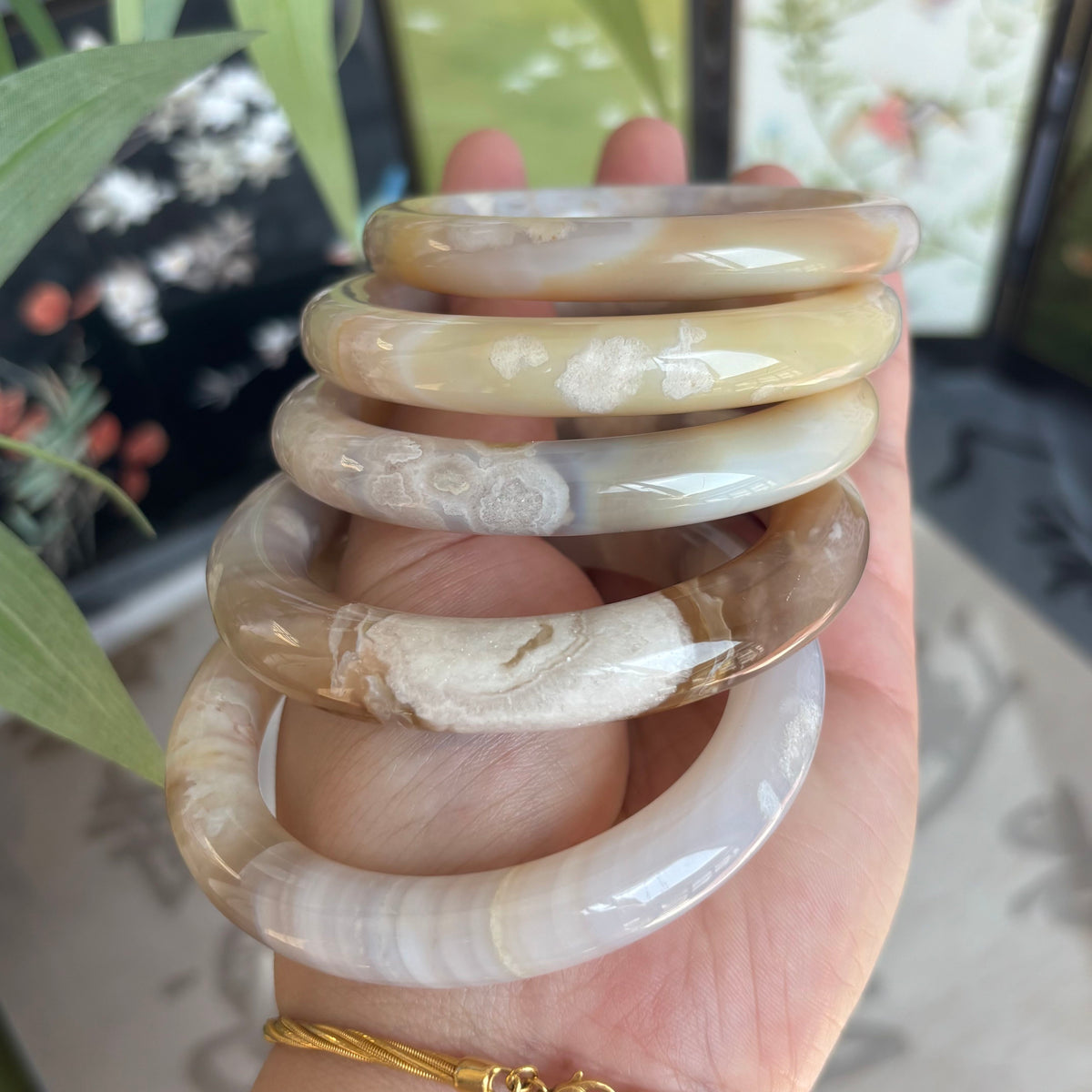 Cherry Blossom Agate Bangle – Pink Blooms Frozen in Translucent Stone, Just $30