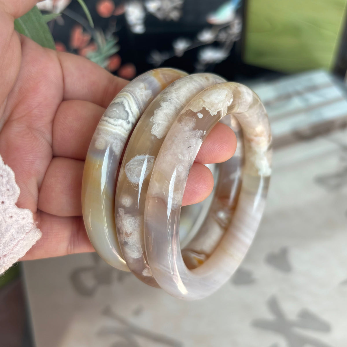 Cherry Blossom Agate Bangle – Pink Blooms Frozen in Translucent Stone, Just $30