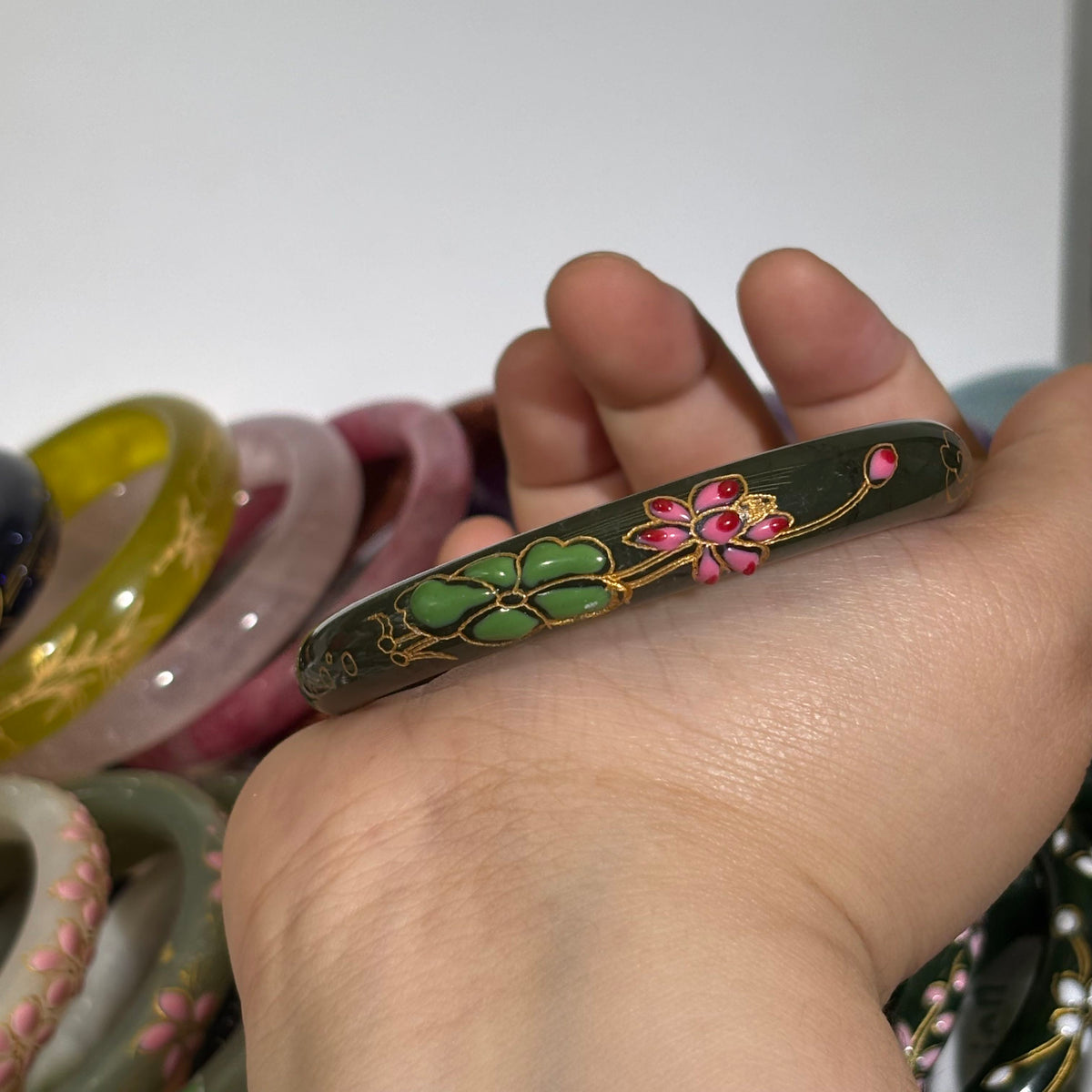Natural Hetian Green Jade Bangle, Hand-Carved Lotus Koi & Auspicious Cloud, Traditional Chinese Enamel with Gold Outline, Sizes 53-66mm