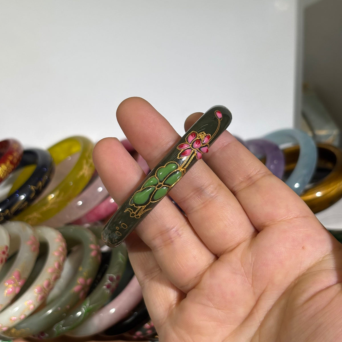 Natural Hetian Green Jade Bangle, Hand-Carved Lotus Koi & Auspicious Cloud, Traditional Chinese Enamel with Gold Outline, Sizes 53-66mm
