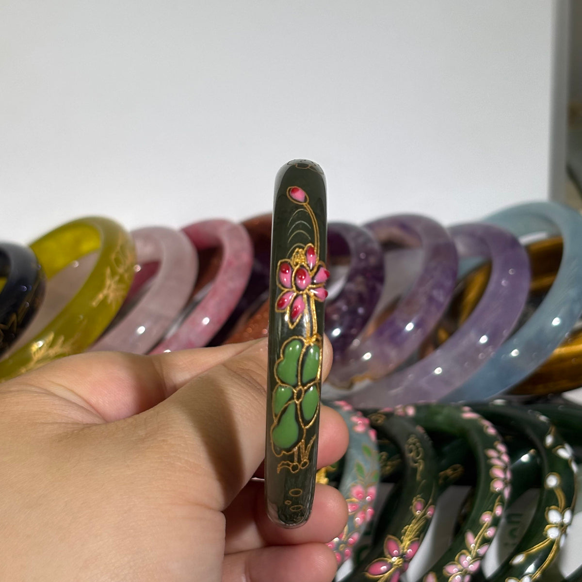 Natural Hetian Green Jade Bangle, Hand-Carved Lotus Koi & Auspicious Cloud, Traditional Chinese Enamel with Gold Outline, Sizes 53-66mm