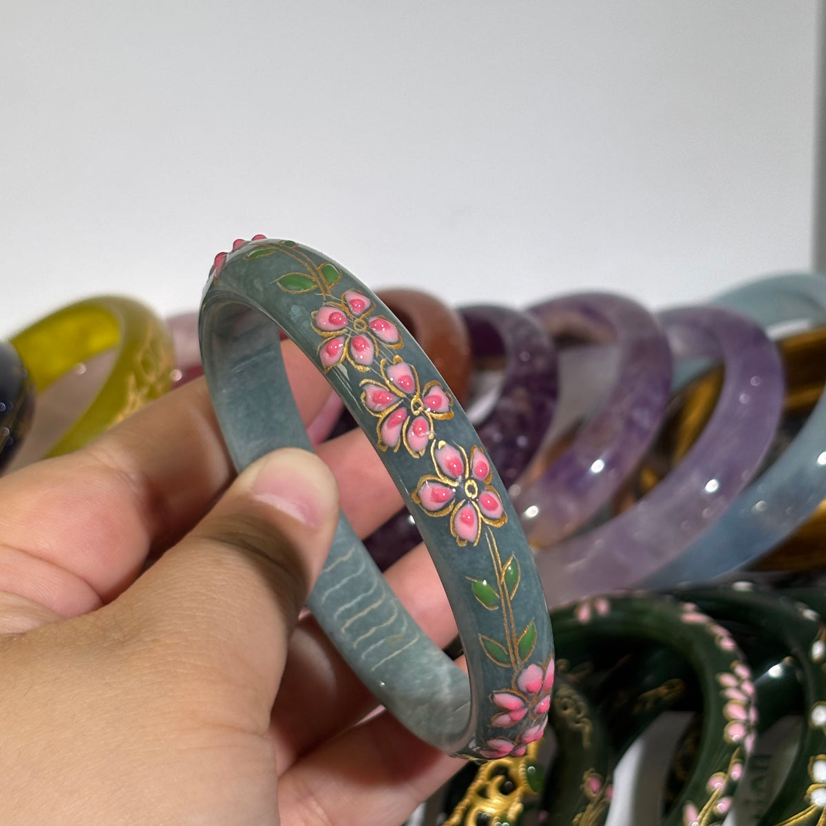 Blue Water Jade Bangle, Hand-Carved Gradient Pink-White Peach Blossom with Vine Leaves, Chinese Style Jade Bracelet