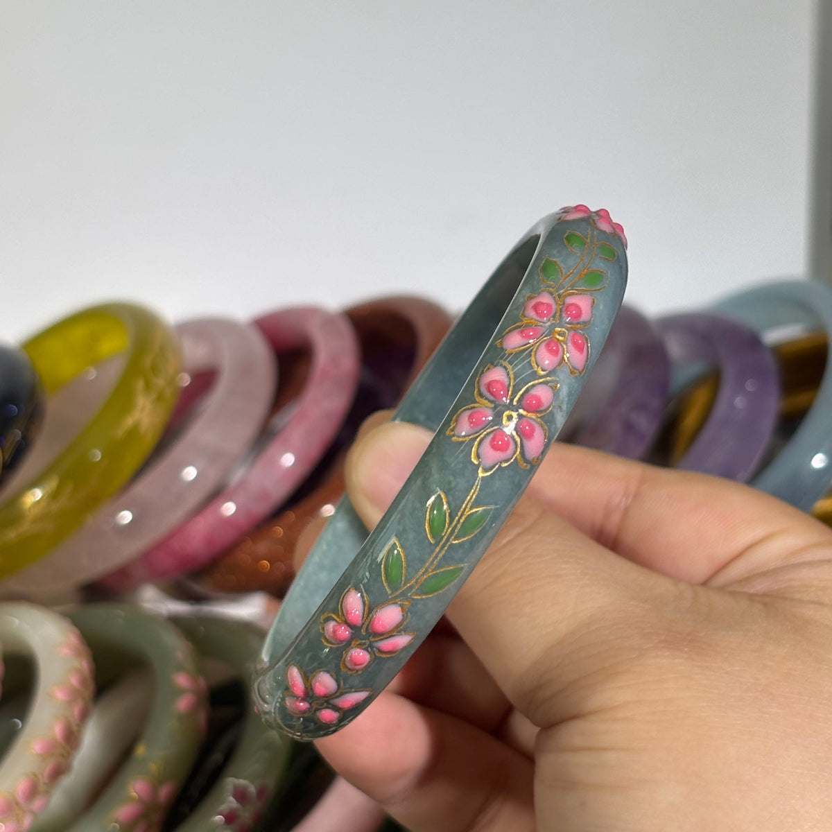 Blue Water Jade Bangle, Hand-Carved Gradient Pink-White Peach Blossom with Vine Leaves, Chinese Style Jade Bracelet