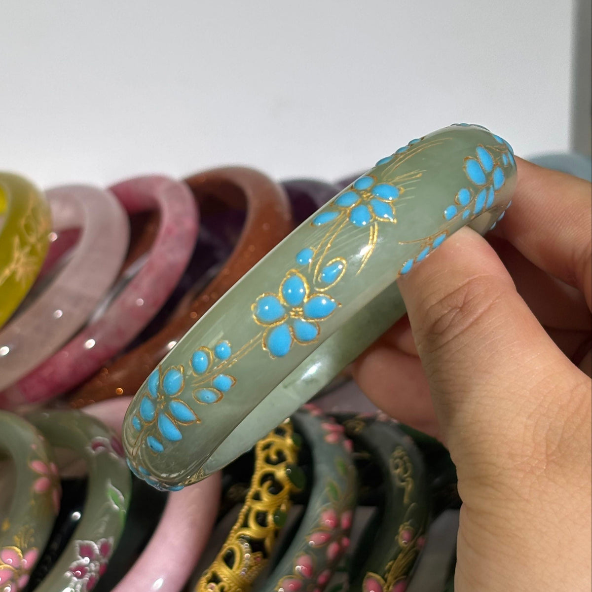 Light Green Hetian Jade Bangle, Handcrafted Enamel Blue Peach Blossom, Gold Outline Chinese Style Jade Bracelet, Full Sizes Available