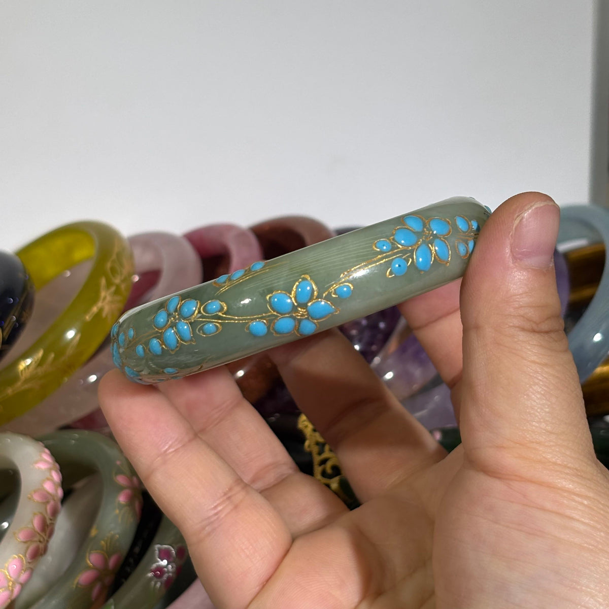 Light Green Hetian Jade Bangle, Handcrafted Enamel Blue Peach Blossom, Gold Outline Chinese Style Jade Bracelet, Full Sizes Available