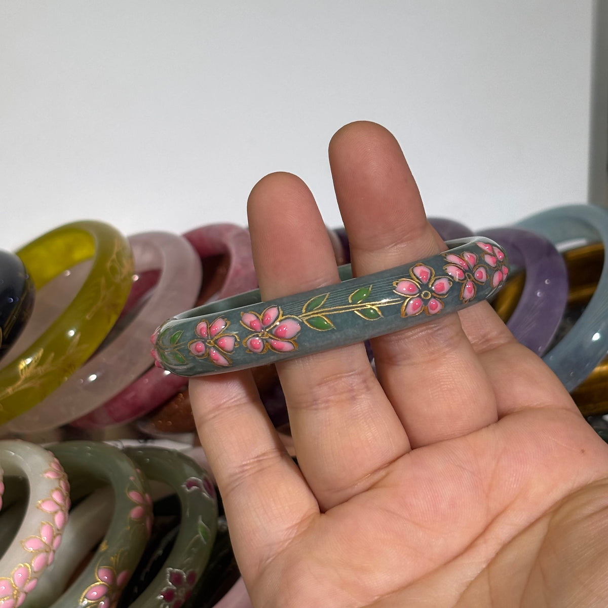 Blue Water Jade Bangle, Hand-Carved Gradient Pink-White Peach Blossom with Vine Leaves, Chinese Style Jade Bracelet