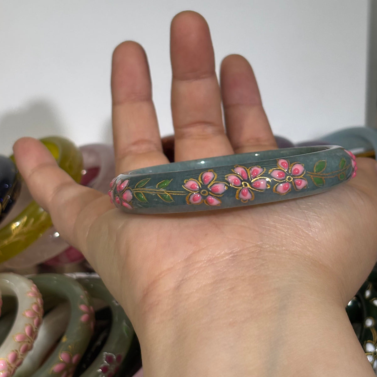 Blue Water Jade Bangle, Hand-Carved Gradient Pink-White Peach Blossom with Vine Leaves, Chinese Style Jade Bracelet