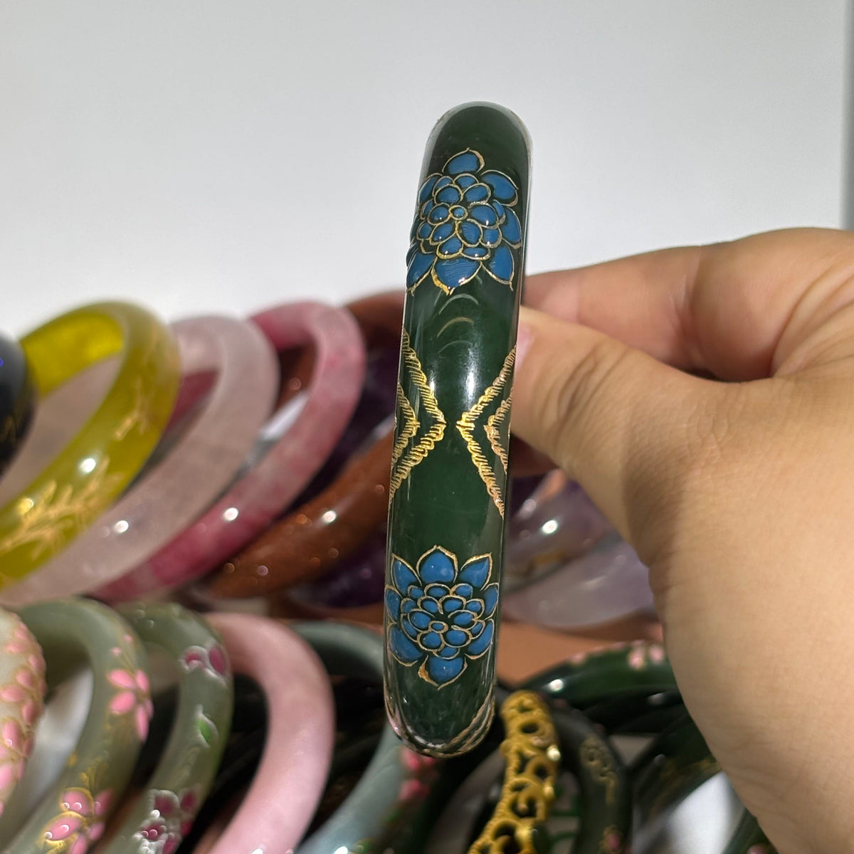 Hetian Green Nephrite Jade Bangle, Hand-Carved Peach Blossom Relief, Elegant Chinese Style Jade Bracelet