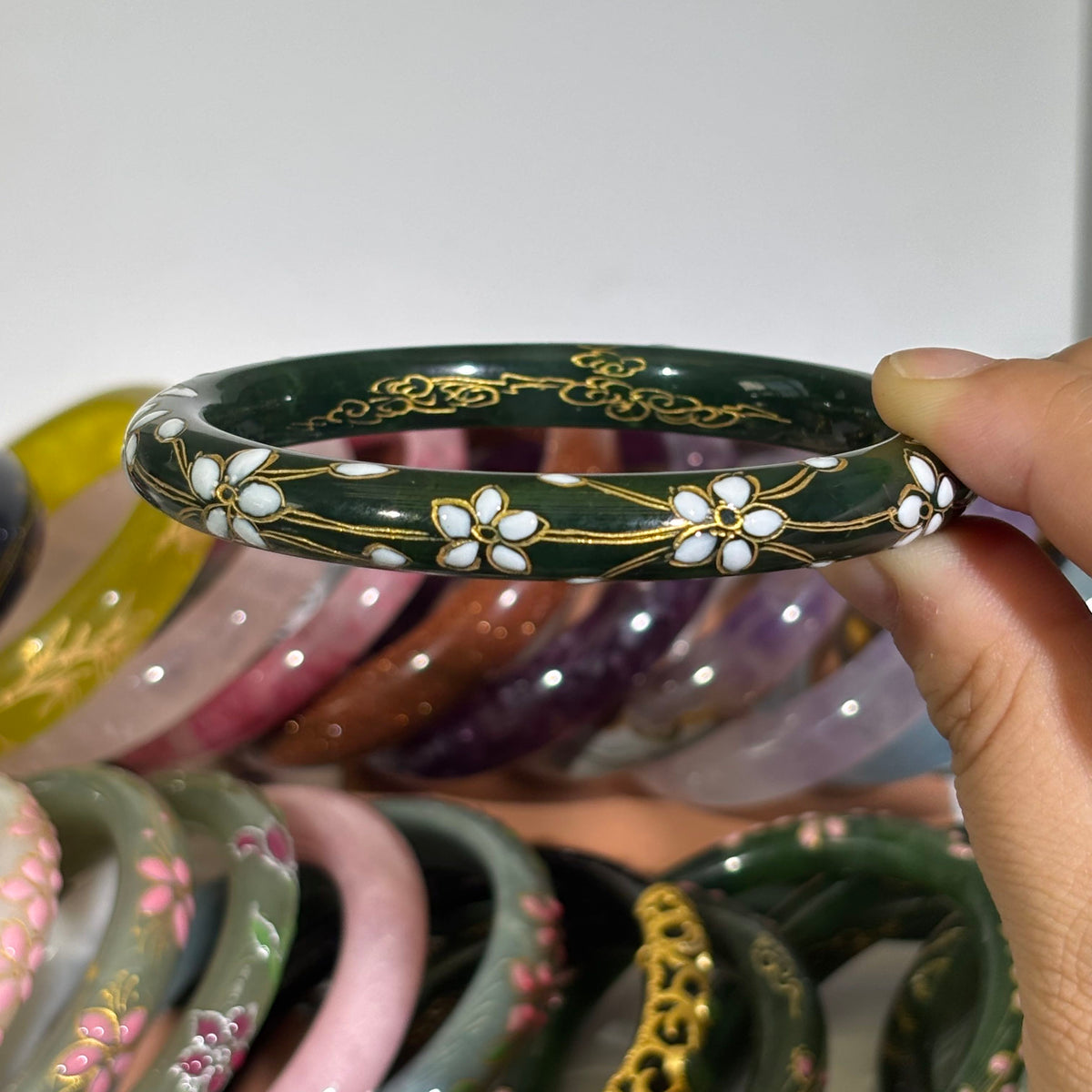 Hetian Green Nephrite Jade Bangle, Hand-Carved Peach Blossom Relief, Elegant Chinese Style Jade Bracelet