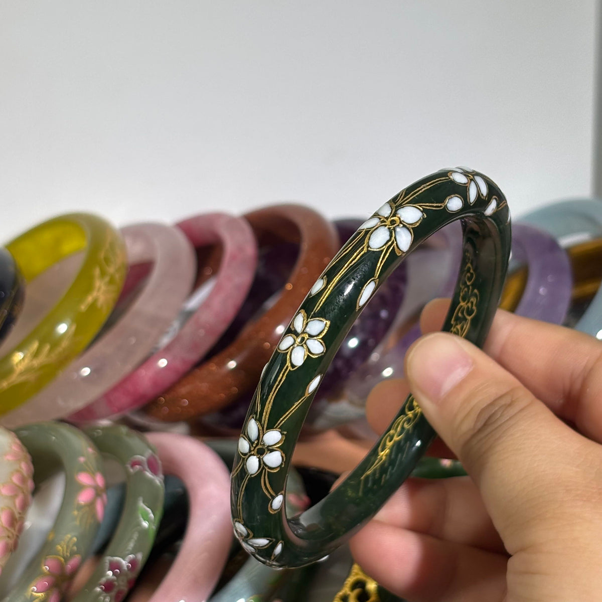 Hetian Green Nephrite Jade Bangle, Hand-Carved Peach Blossom Relief, Elegant Chinese Style Jade Bracelet