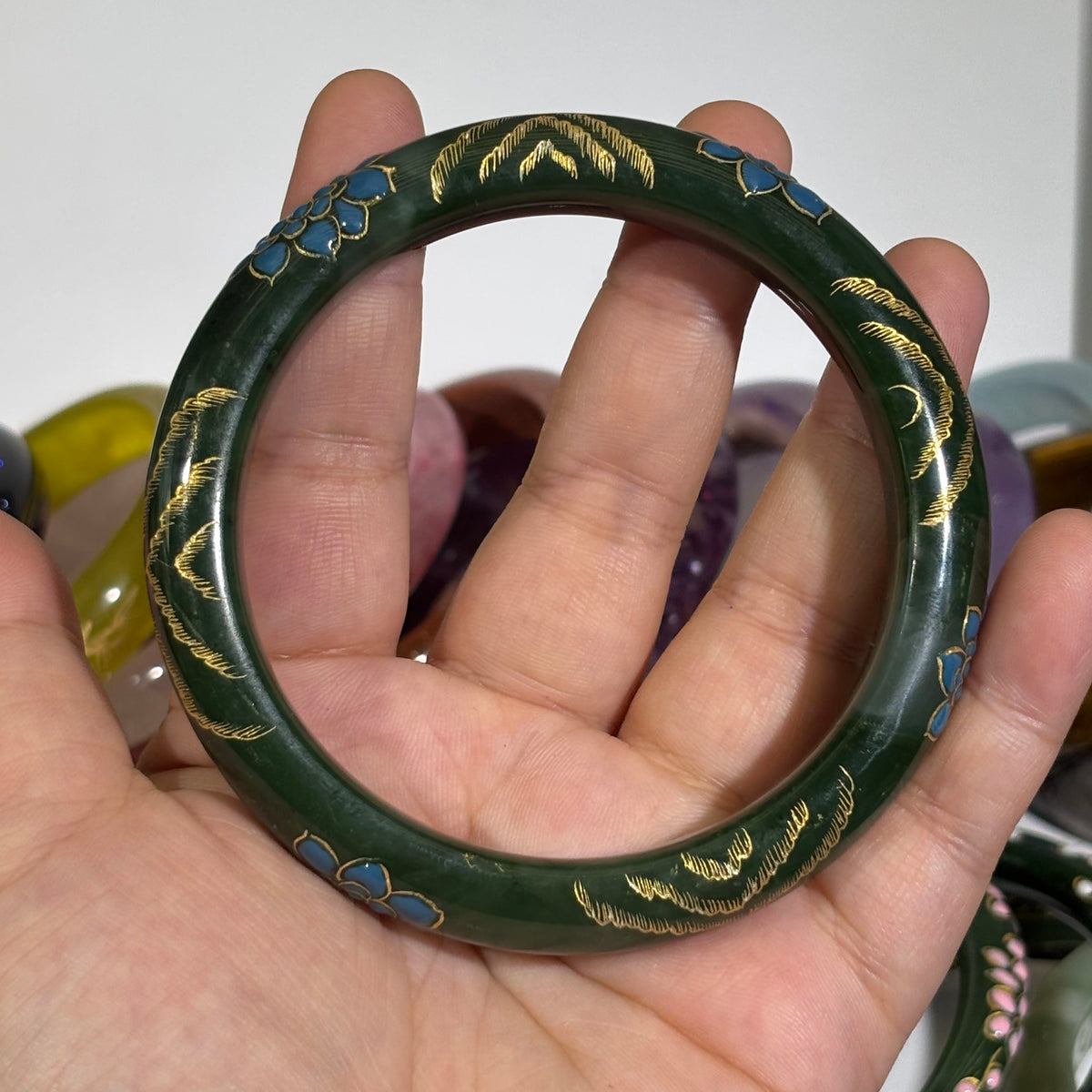 Hetian Green Nephrite Jade Bangle, Hand-Carved Peach Blossom Relief, Elegant Chinese Style Jade Bracelet