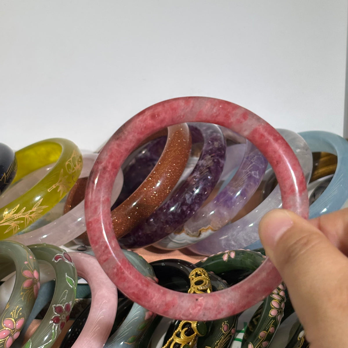 Natural Rhodonite Bangle – Rare Pink Gemstone with Unique Patterns, Just $35