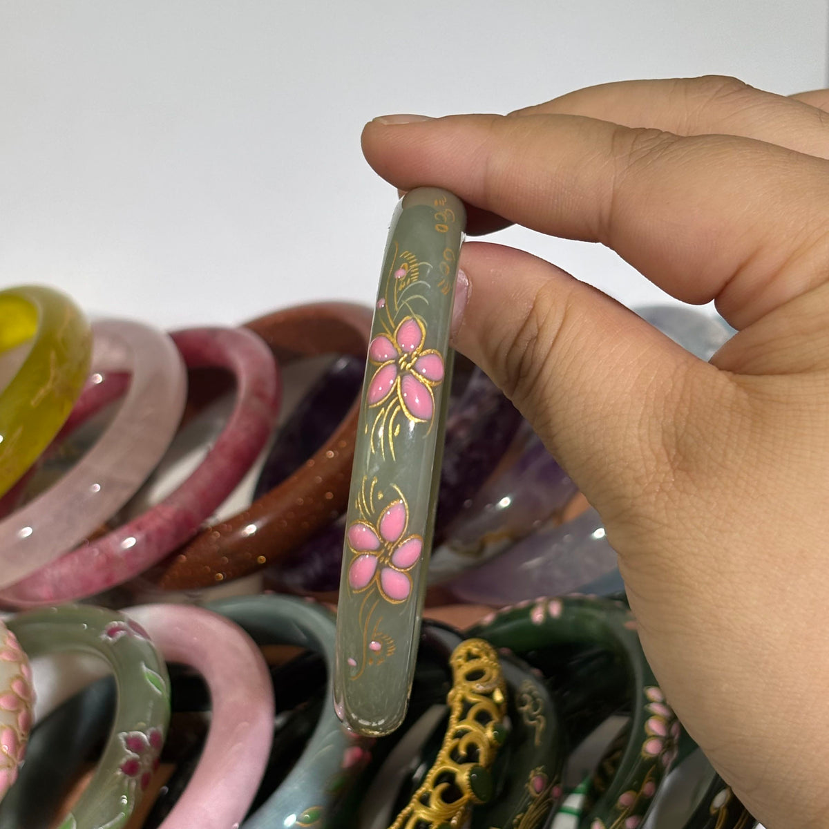 Light Green Hetian Jade Bangle, Handcrafted Enamel Blue Peach Blossom, Gold Outline Chinese Style Jade Bracelet, Full Sizes Available