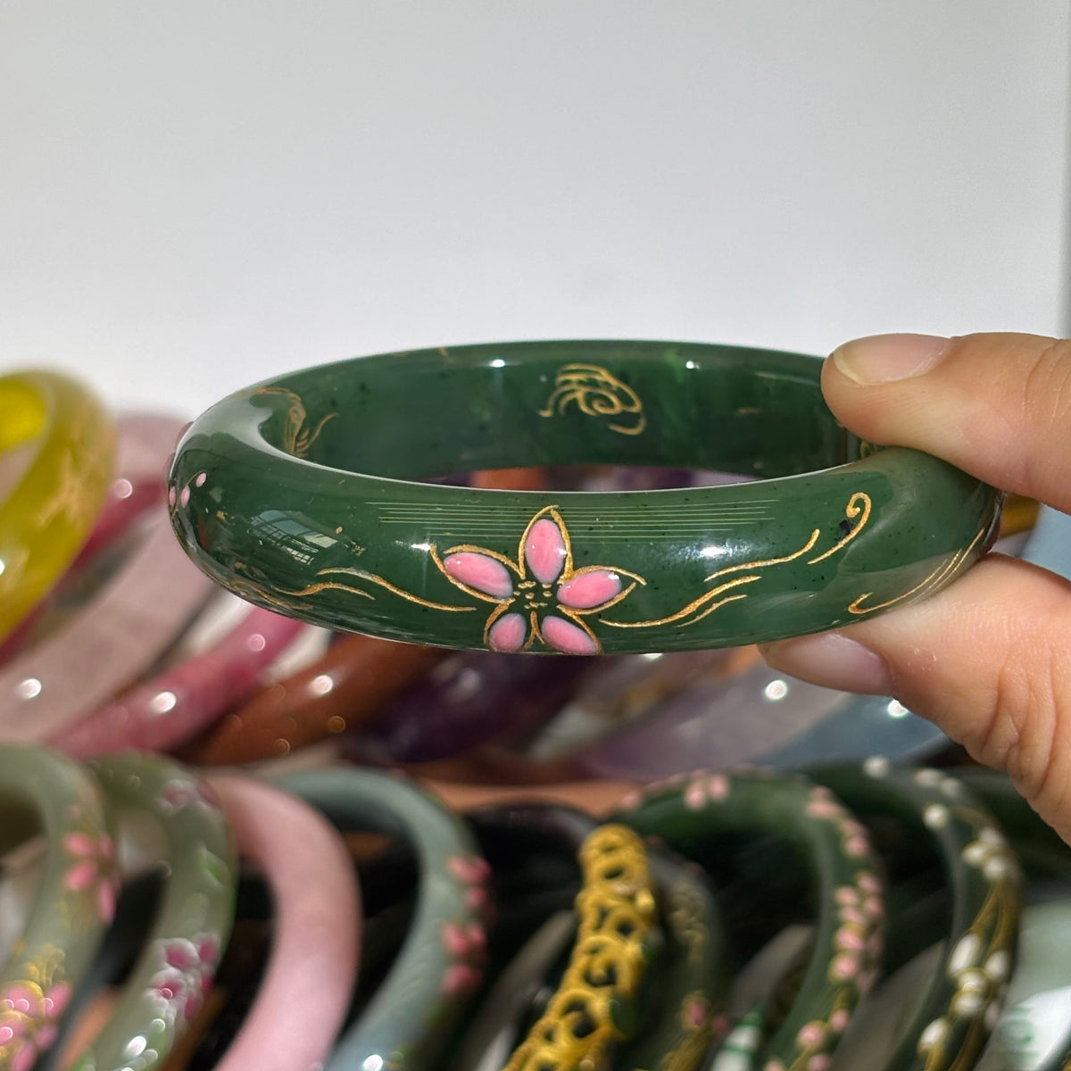 Hetian Green Nephrite Jade Bangle, Hand-Carved Peach Blossom Relief, Elegant Chinese Style Jade Bracelet