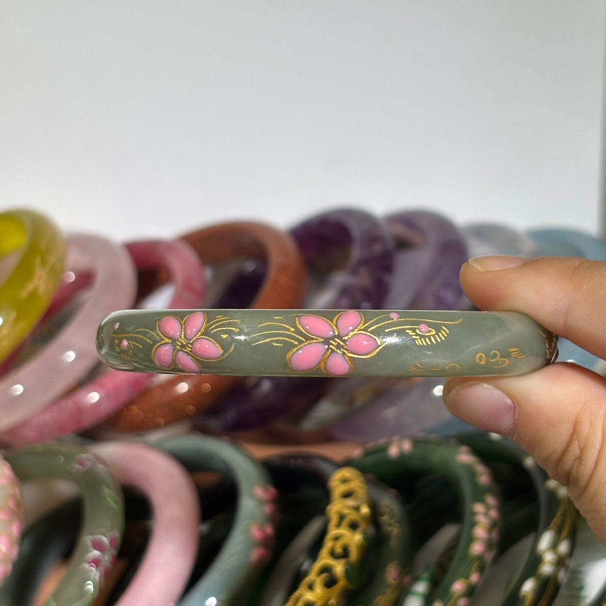 Light Green Hetian Jade Bangle, Handcrafted Enamel Blue Peach Blossom, Gold Outline Chinese Style Jade Bracelet, Full Sizes Available