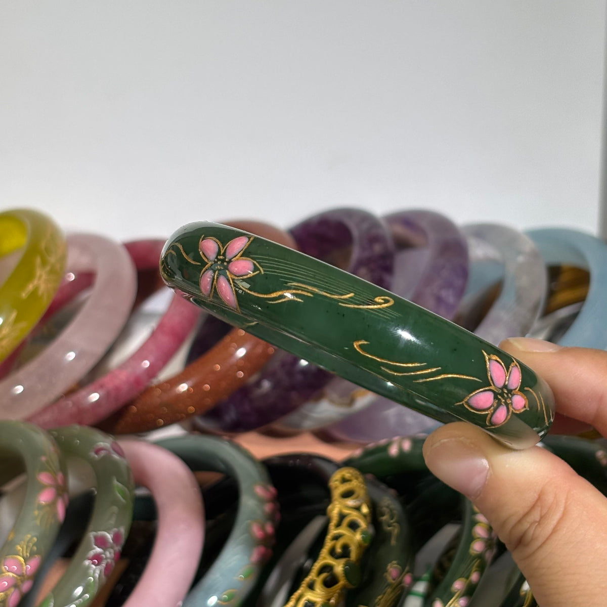 Hetian Green Nephrite Jade Bangle, Hand-Carved Peach Blossom Relief, Elegant Chinese Style Jade Bracelet