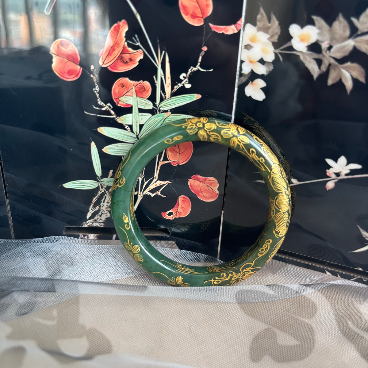 Russian Green Jade Bangle, Carved Nephrite with Gold-Painted Pattern, Natural Black Speckles, 10-15mm, Only $20