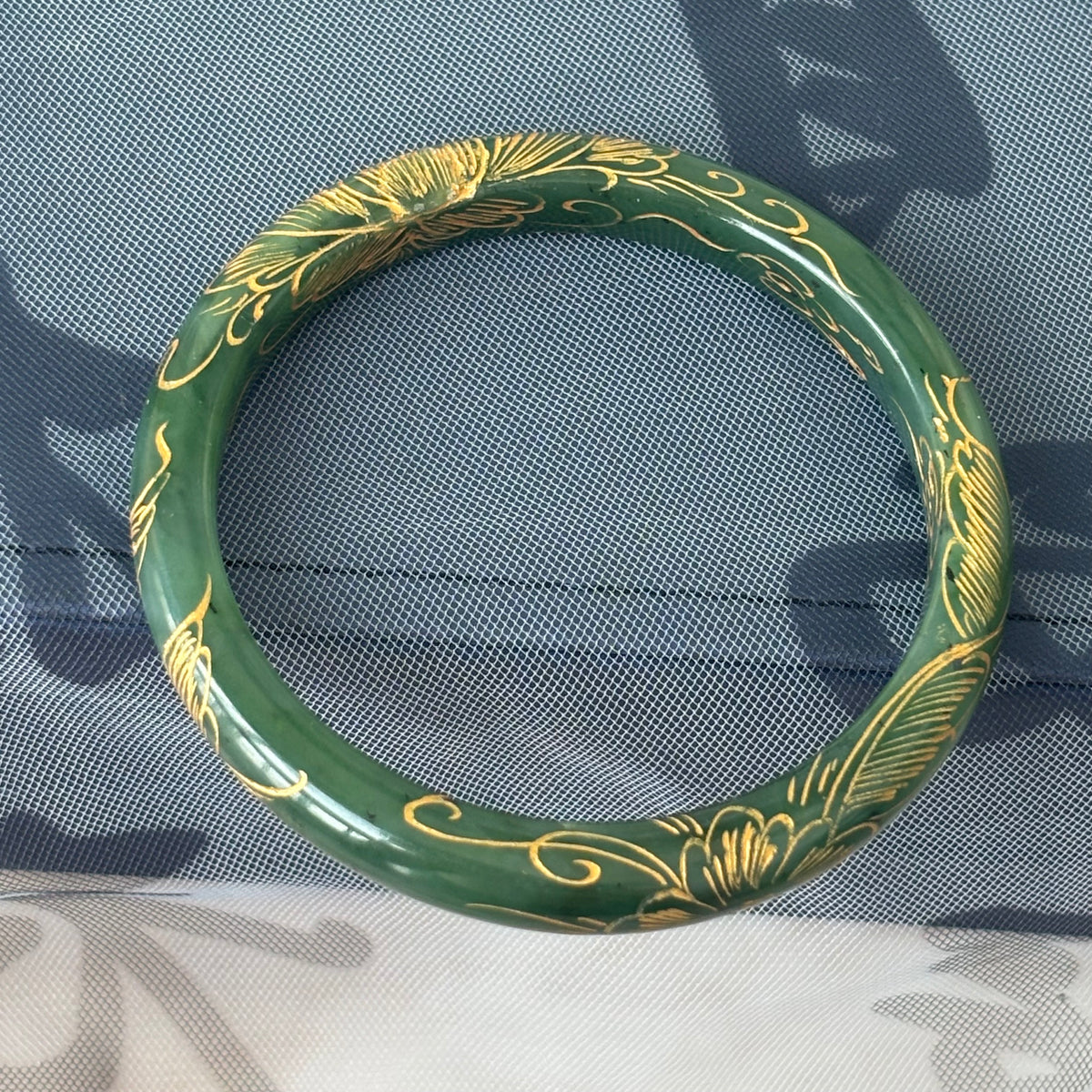 Russian Green Jade Bangle, Carved Nephrite with Gold-Painted Pattern, Natural Black Speckles, 10-15mm, Only $20