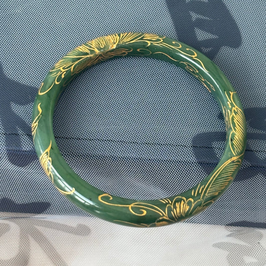 Russian Green Jade Bangle, Carved Nephrite with Gold-Painted Pattern, Natural Black Speckles, 10-15mm, Only $20