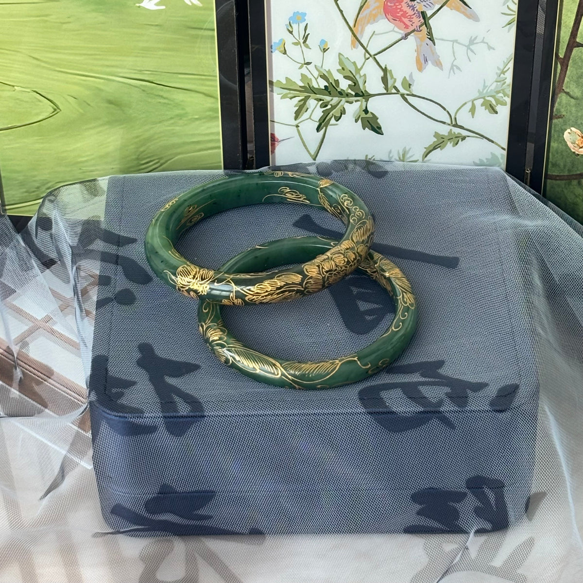 Russian Green Jade Bangle, Carved Nephrite with Gold-Painted Pattern, Natural Black Speckles, 10-15mm, Only $20