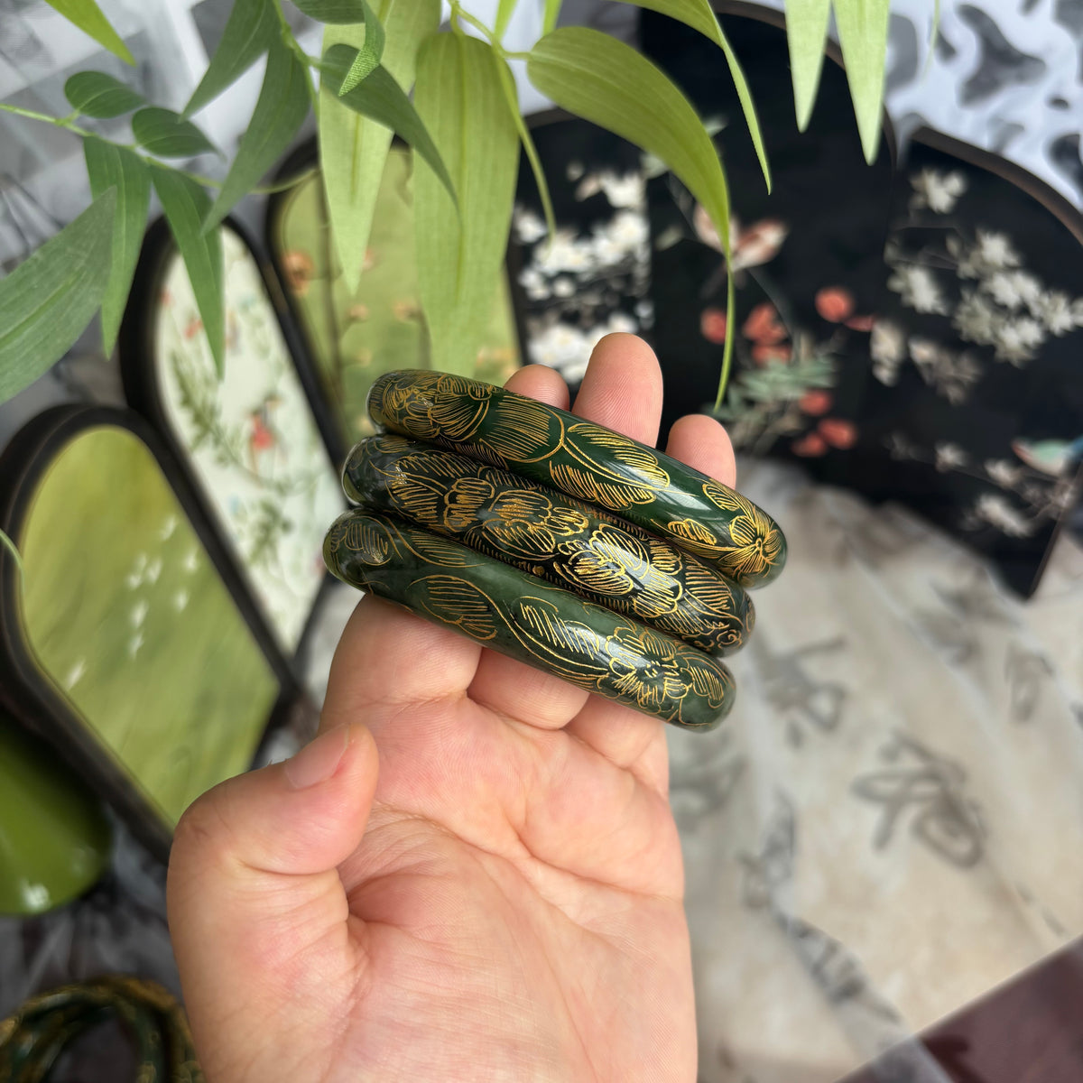 Russian Green Jade Bangle, Carved Nephrite with Gold-Painted Pattern, Natural Black Speckles, 10-15mm, Only $20
