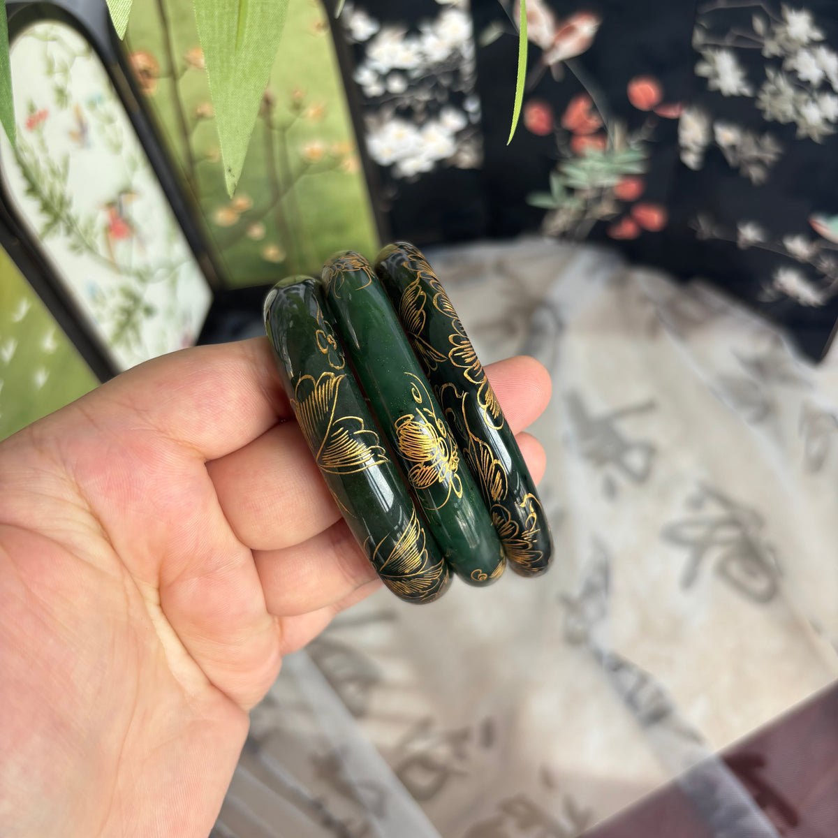 Russian Green Jade Bangle, Carved Nephrite with Gold-Painted Pattern, Natural Black Speckles, 10-15mm, Only $20